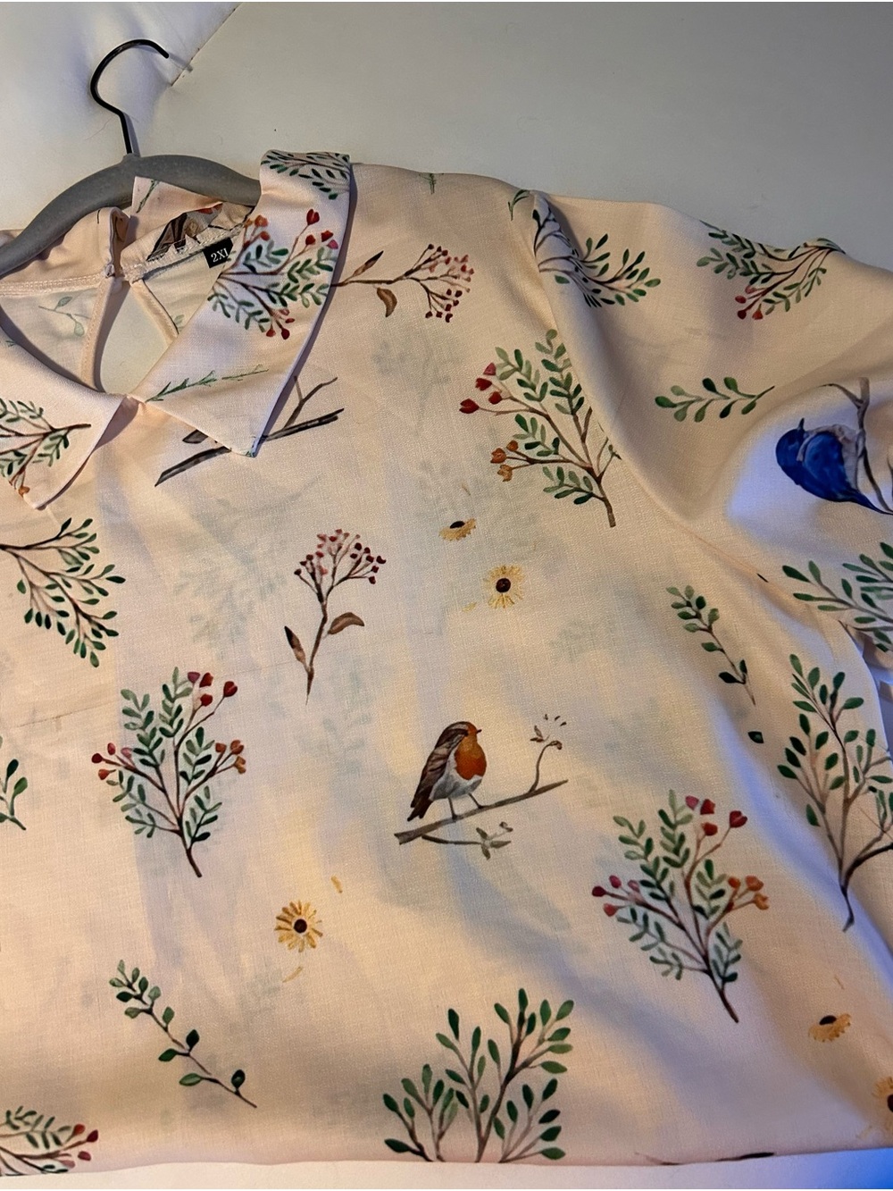 Bird & Botanical Print Blouse— Cream Base with Green & Red Accents
